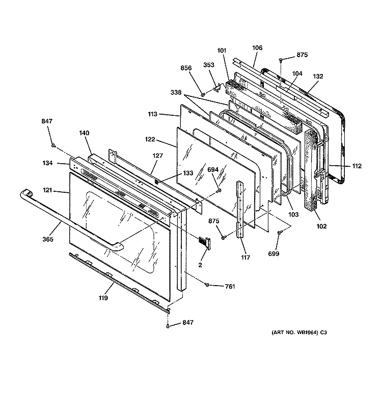 OVEN DOOR Diagram and Parts List for ZET737BW2BB  General Electric Wall Oven