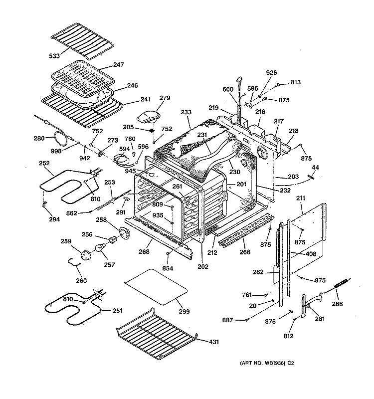 BODY PARTS Diagram and Parts List for ZEK737BW2BB  General Electric Wall Oven