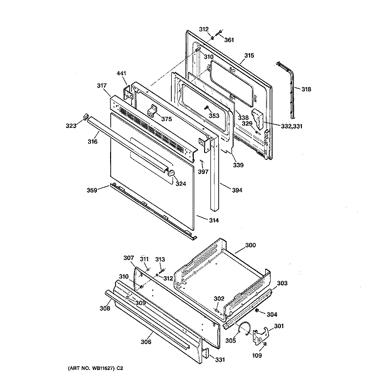 DOOR & DRAWER PARTS Diagram and Parts List for RGB535GEV3AD  Hotpoint Range