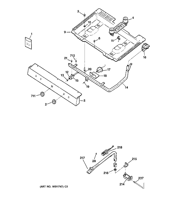 GAS & BURNER PARTS Diagram and Parts List for RGB508ET4WH  Hotpoint Range