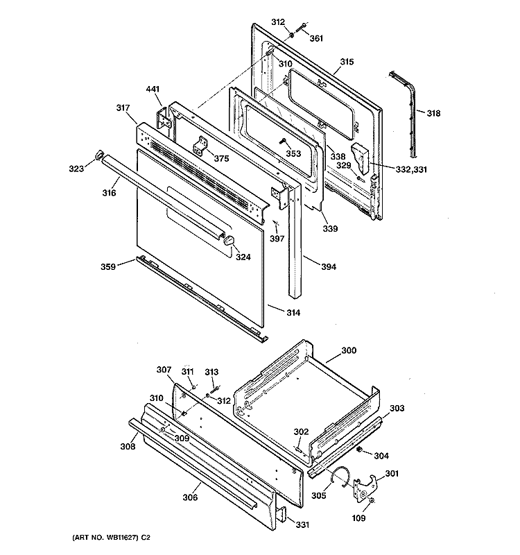 DOOR & DRAWER PARTS Diagram and Parts List for RGB532BEW3WH  Hotpoint Range