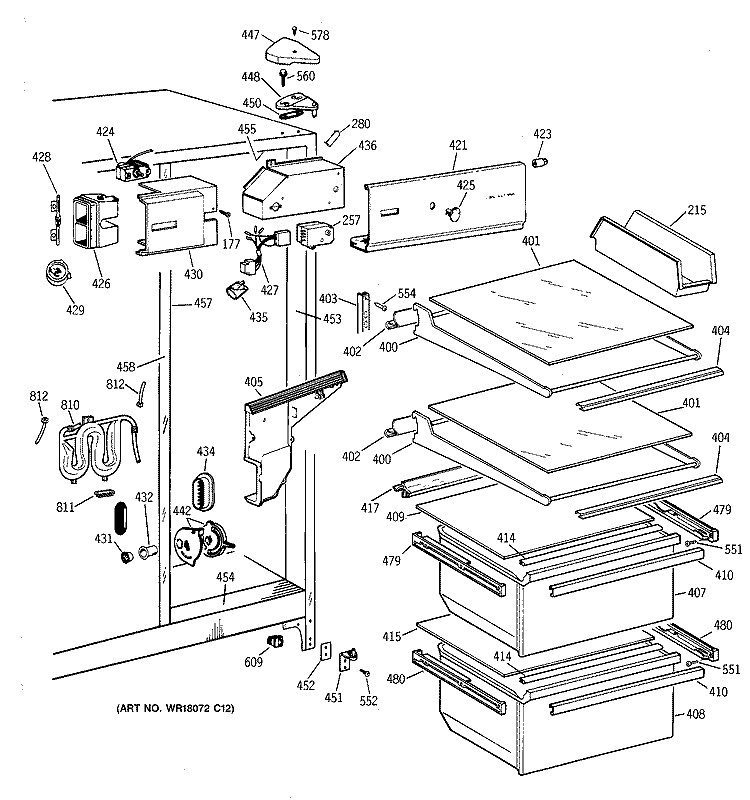 FRESH FOOD SECTION Diagram and Parts List for MRSC20KWXDAD  General Electric Refrigerator