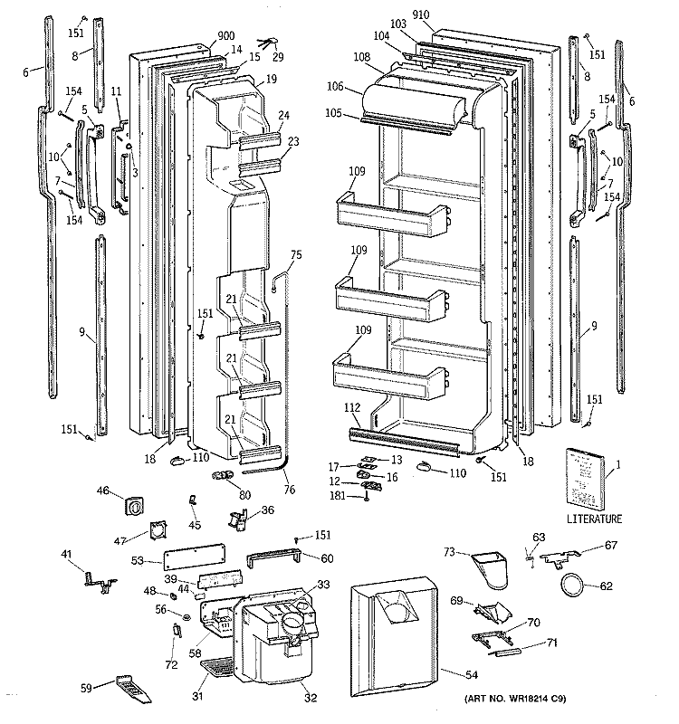 DOORS Diagram and Parts List for MSG20GWXDWW  General Electric Refrigerator