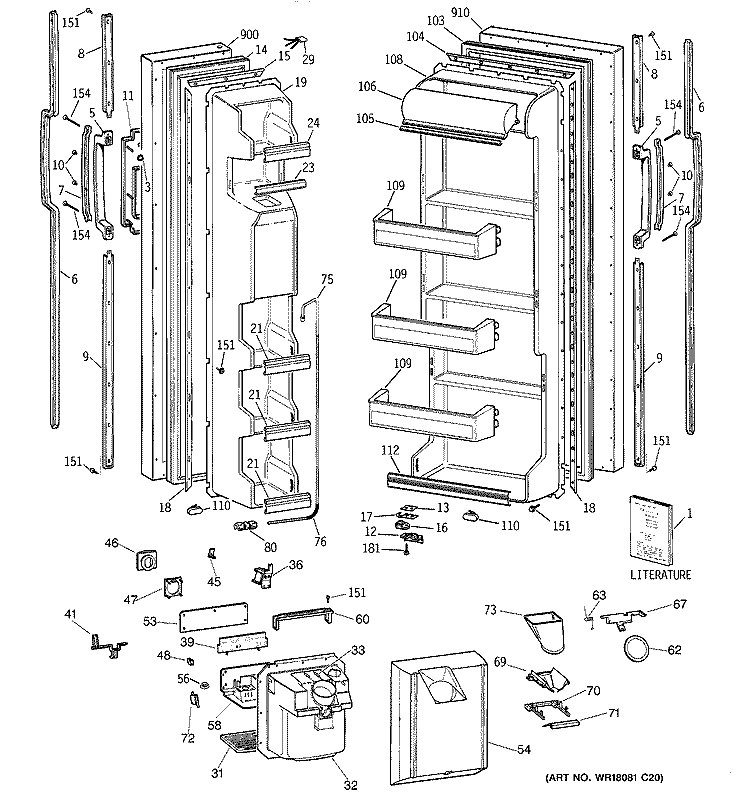DOORS Diagram and Parts List for MSG22GRXDWW  General Electric Refrigerator