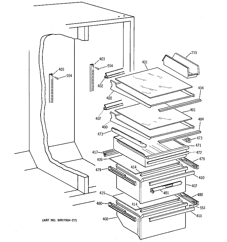 FRESH FOOD SHELVES Diagram and Parts List for MSG27DHXDWW  General Electric Refrigerator