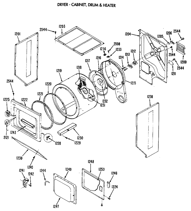 DRYER - CABINET, DRUM & HEATER Diagram and Parts List for WSM2700RDW  General Electric Washer Dryer Combo