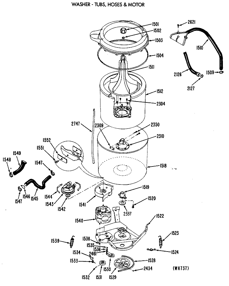 WASHER - TUBS, HOSES & MOTOR Diagram and Parts List for WSM2700RDW  General Electric Washer Dryer Combo
