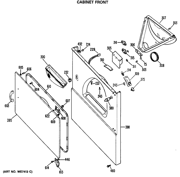 CABINET FRONT Diagram and Parts List for DDE7608MDL  General Electric Dryer
