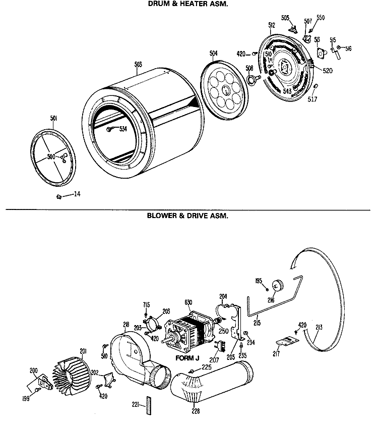 DRUM & HEATER ASM. Diagram and Parts List for DDE7608MDL  General Electric Dryer