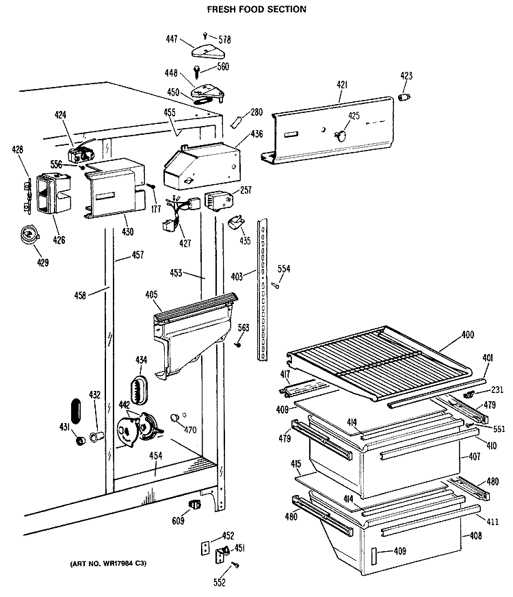 FRESH FOOD SECTION Diagram and Parts List for TFX22PRAWH  General Electric Refrigerator