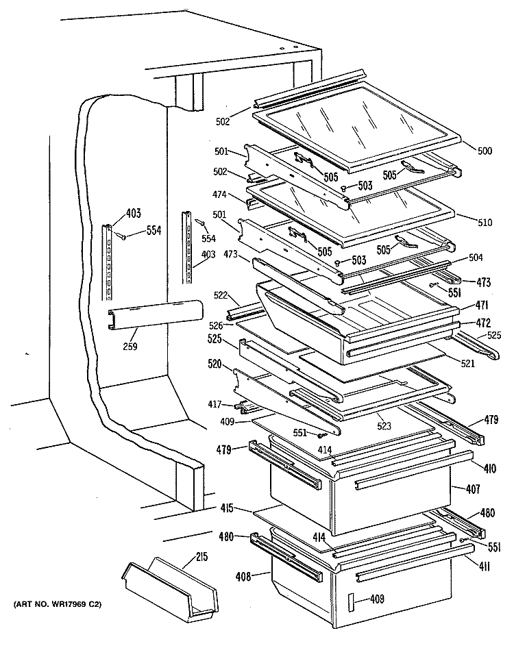 Section Diagram and Parts List for TFEA22RRAAD  General Electric Refrigerator