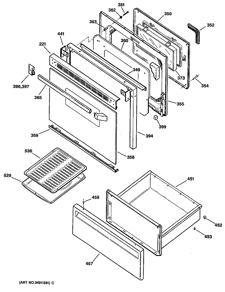 Section Diagram and Parts List for JBP25GS1  General Electric Range