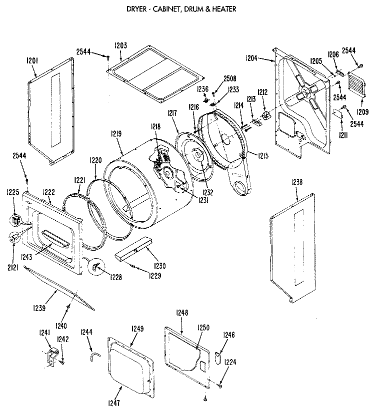DRYER - CABINET, DRUM & HEATER Diagram and Parts List for WSM2700RCW  General Electric Washer Dryer Combo