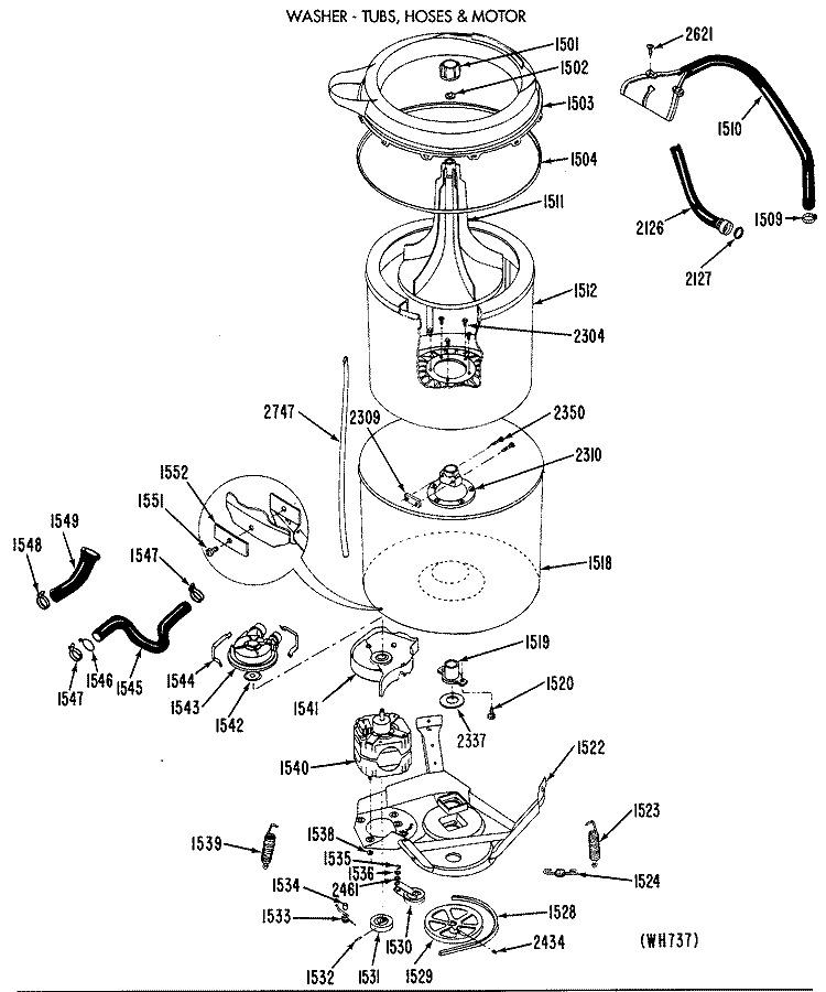 WASHER - TUBS, HOSES & MOTOR Diagram and Parts List for WSM2700RCW  General Electric Washer Dryer Combo