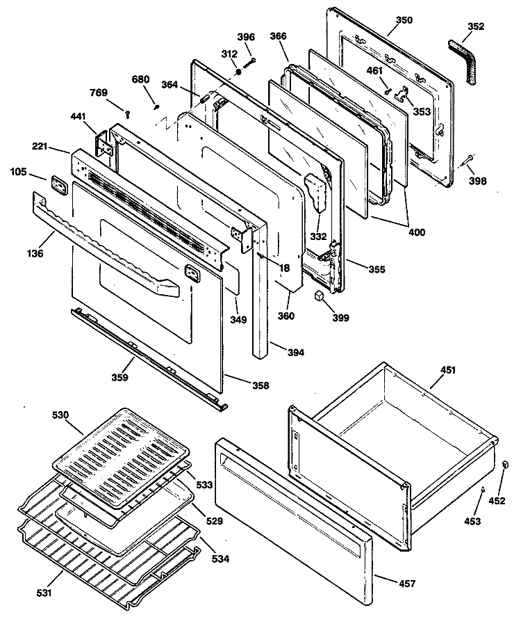 Section Diagram and Parts List for JBP80GV1  General Electric Range