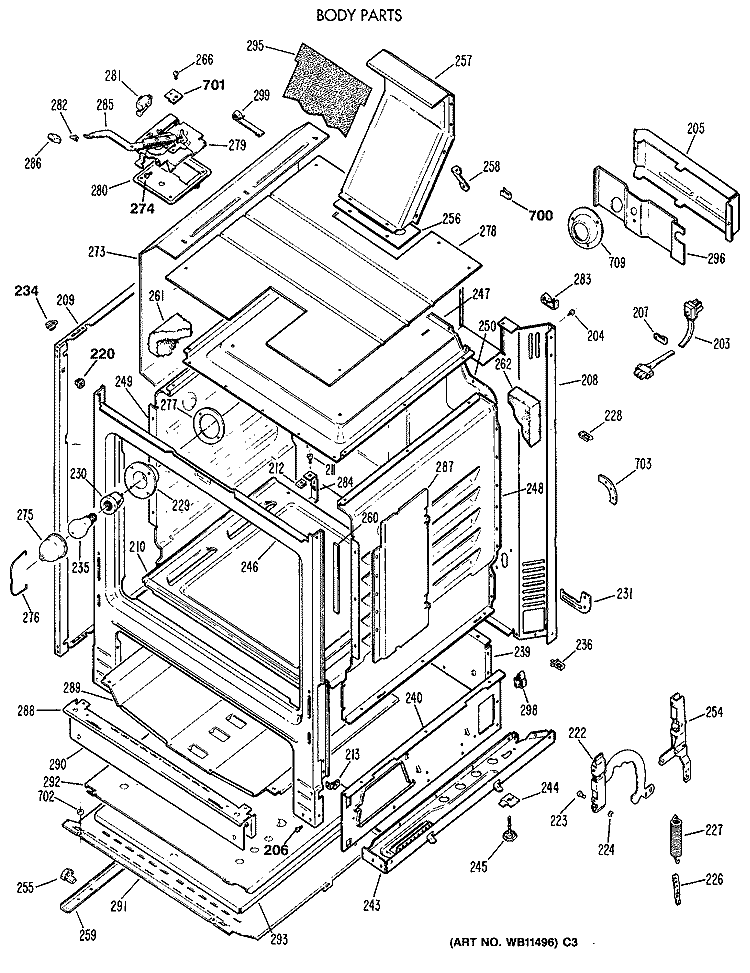 BODY PARTS Diagram and Parts List for JGBP28GEV3WH  General Electric Range