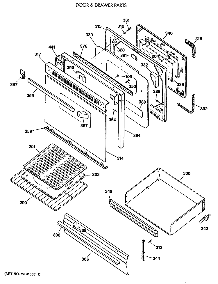 BODY & DRAWER PARTS Diagram and Parts List for JGBP28GEV3WH  General Electric Range