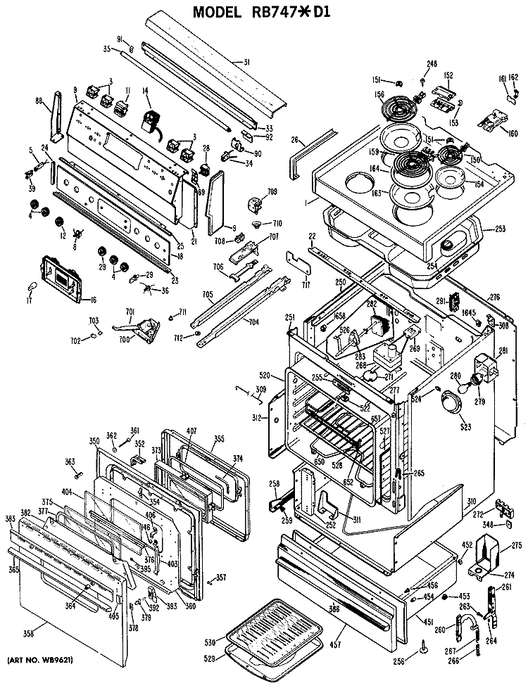 Section Diagram and Parts List for RB747*D1  Hotpoint Range