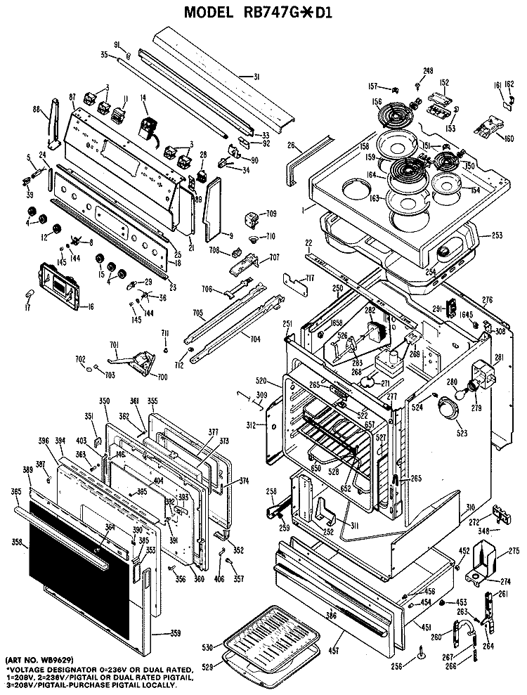 Section Diagram and Parts List for RB747G*D1  Hotpoint Range