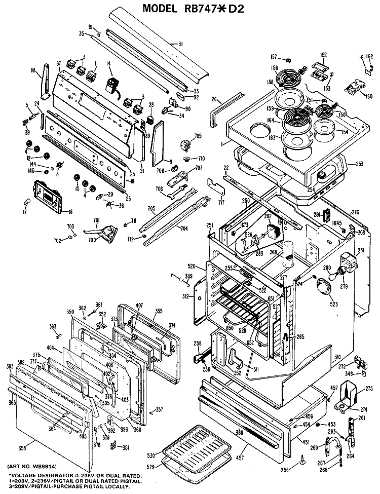 Section Diagram and Parts List for RB747*D2  Hotpoint Range