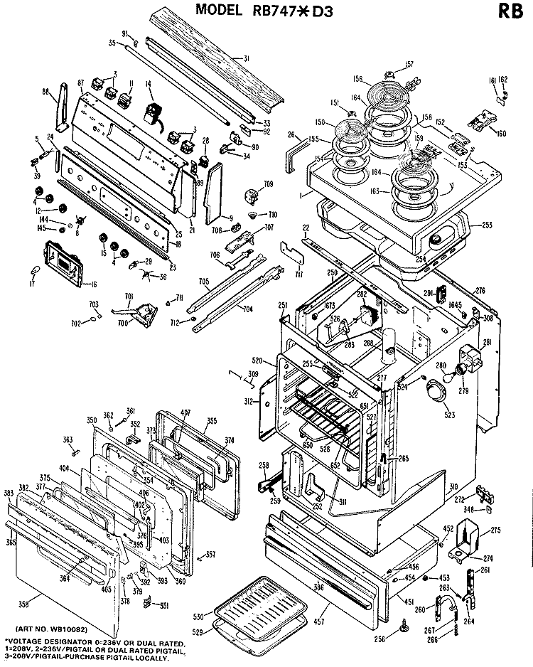 Section Diagram and Parts List for RB747*D3  Hotpoint Range