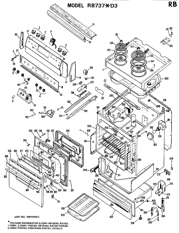 Section Diagram and Parts List for RB737*D3  Hotpoint Range