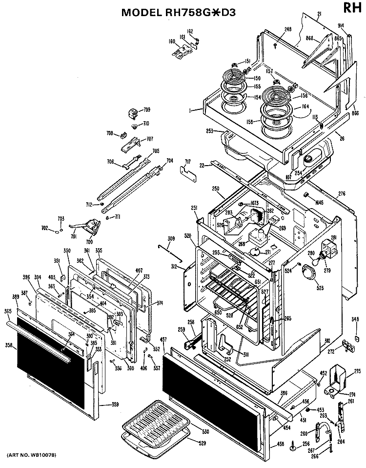 Section Diagram and Parts List for RH758G*D3  Hotpoint Range