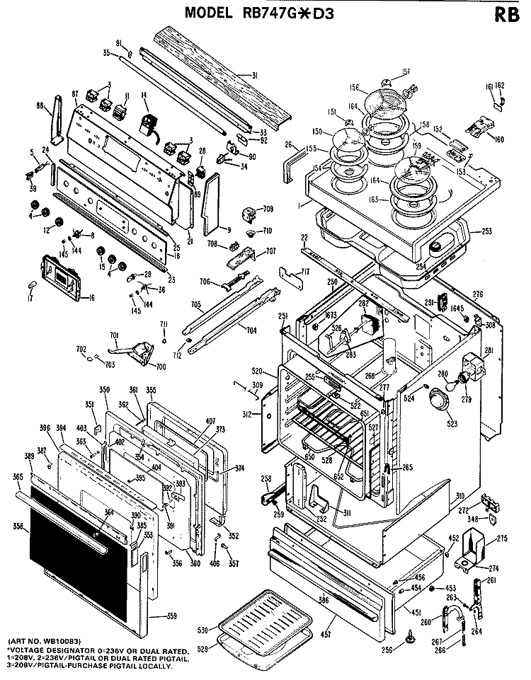 Section Diagram and Parts List for RB747G*D3  Hotpoint Range
