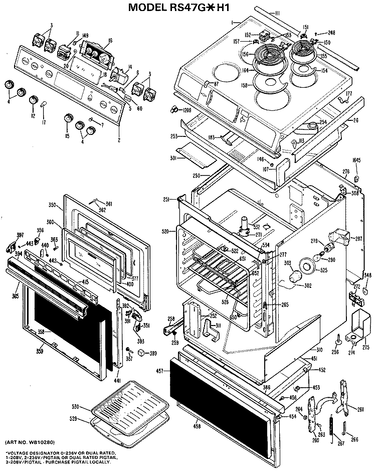 Section Diagram and Parts List for RS47G*H1  Hotpoint Range