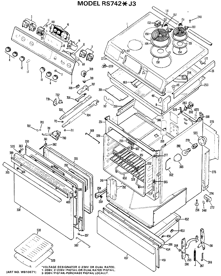 Section Diagram and Parts List for RS742*J3  Hotpoint Range