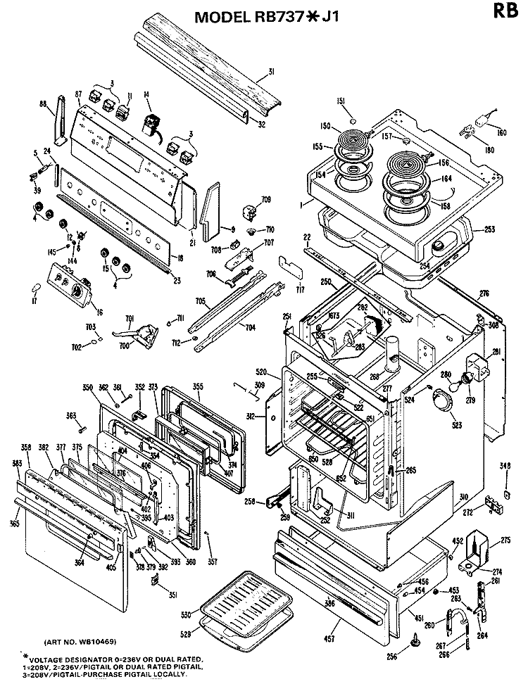 Section Diagram and Parts List for RB737*J1  Hotpoint Range
