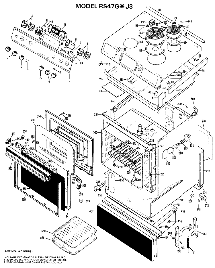 Section Diagram and Parts List for RS47G*J3  Hotpoint Range