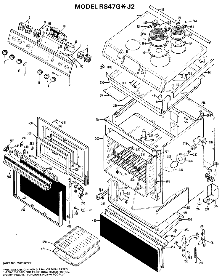 Section Diagram and Parts List for RS47G*J2  Hotpoint Range