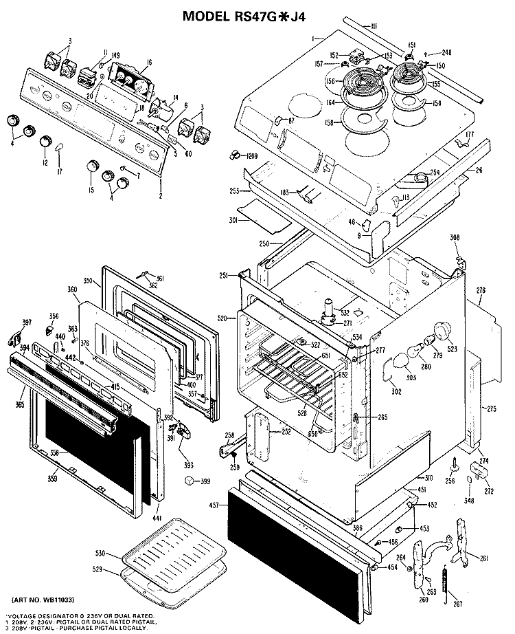 Section Diagram and Parts List for RS47G*J4  Hotpoint Range