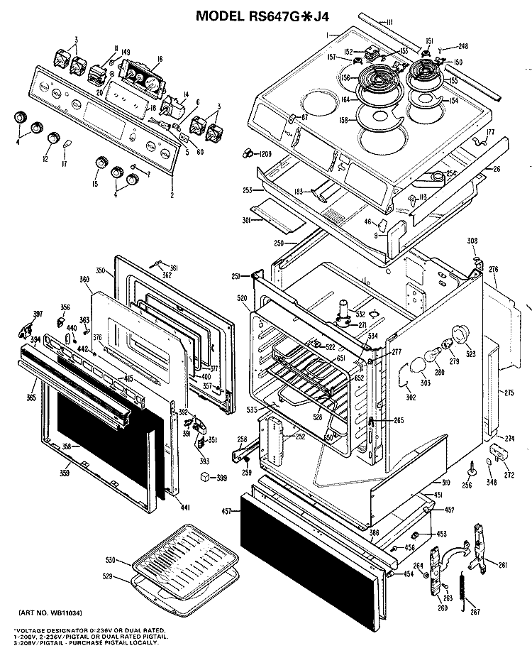 Section Diagram and Parts List for RS647G*J4  Hotpoint Range