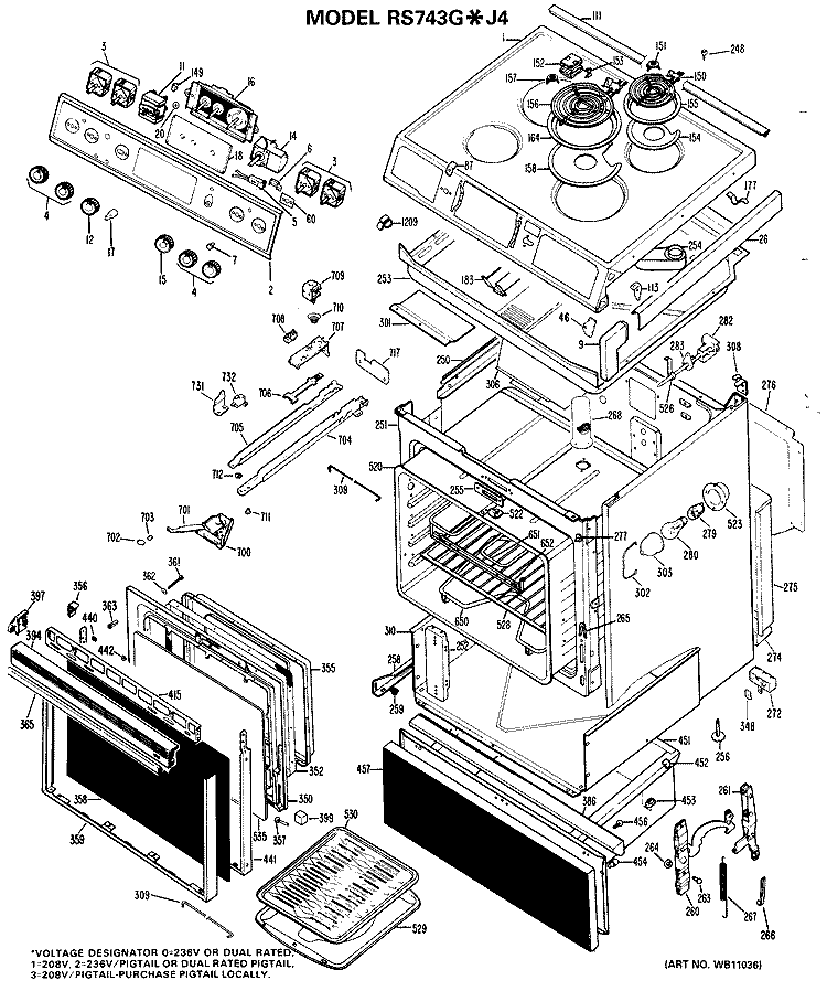 Section Diagram and Parts List for RS743G*J4  Hotpoint Range