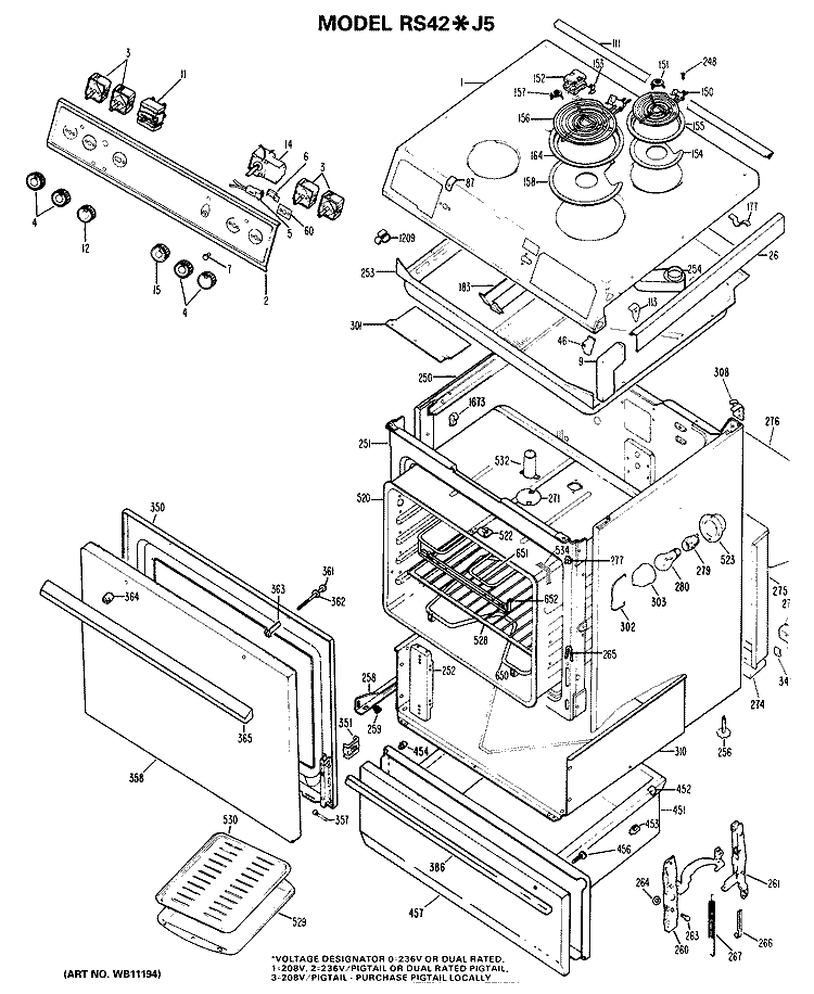 Section Diagram and Parts List for RS42*J5  Hotpoint Range