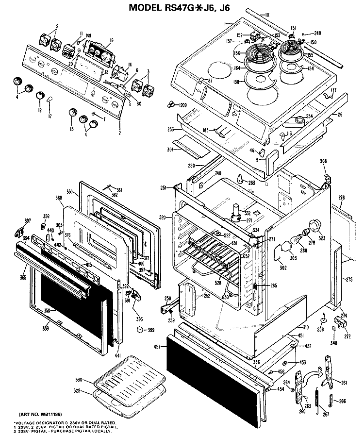 Section Diagram and Parts List for RS47G*J6  Hotpoint Range