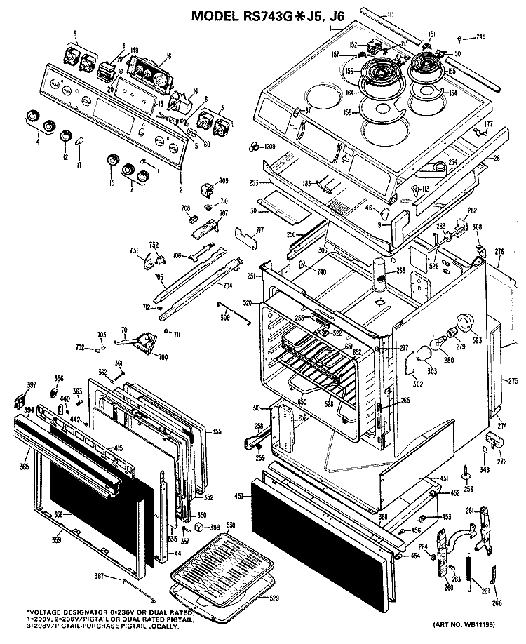 Section Diagram and Parts List for RS743G*J5  Hotpoint Range