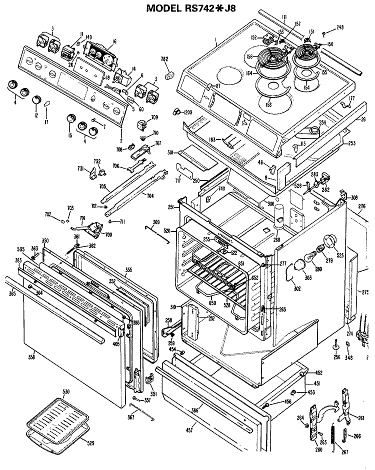Section Diagram and Parts List for RS742*J8  Hotpoint Range