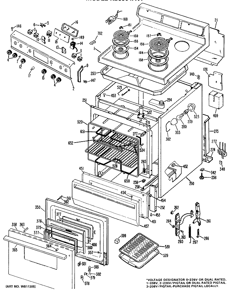 Section Diagram and Parts List for RB536*N1  Hotpoint Range