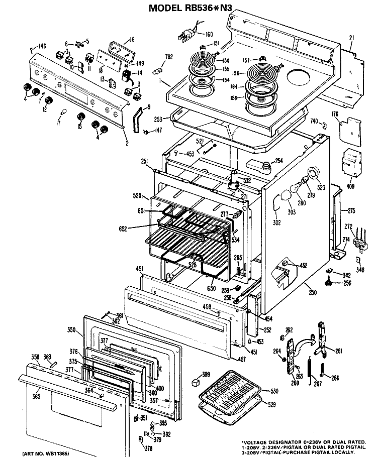 Section Diagram and Parts List for RB536*N3  Hotpoint Range