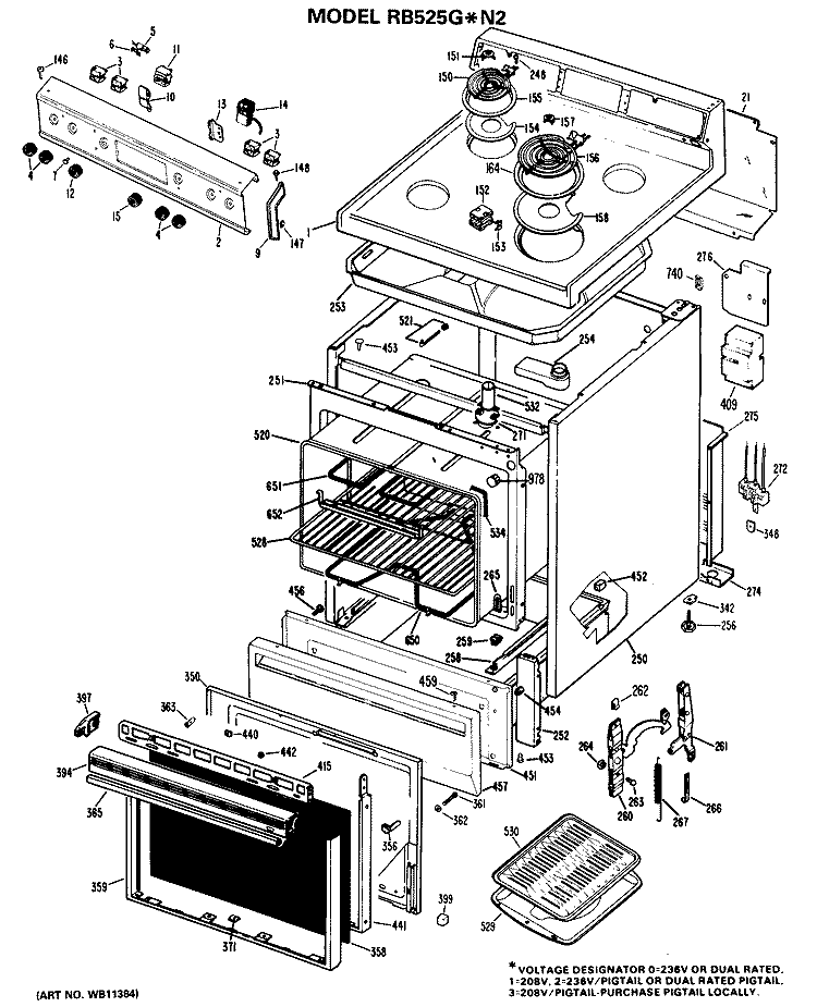 Section Diagram and Parts List for RB525G*N2  Hotpoint Range
