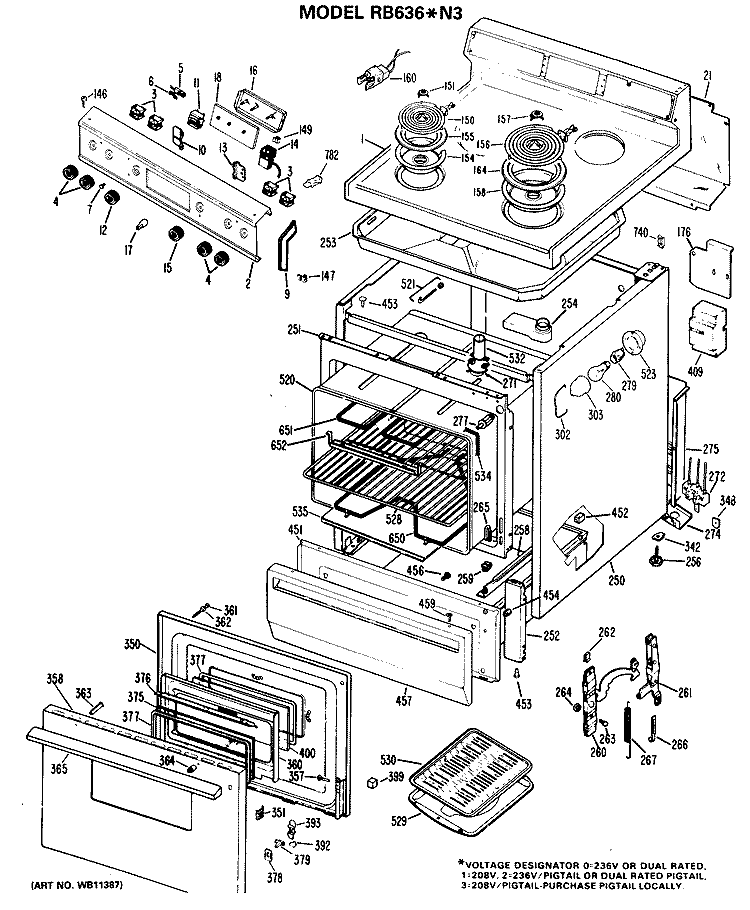 Section Diagram and Parts List for RB636*N3  Hotpoint Range