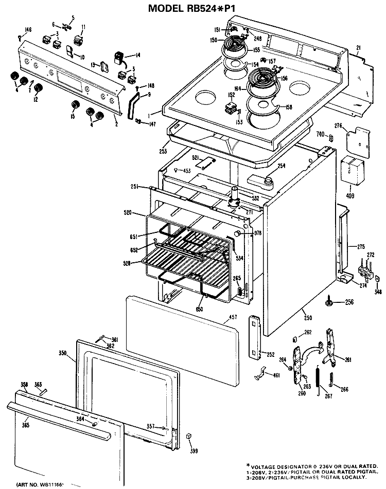 Section Diagram and Parts List for RB524*P1  Hotpoint Range