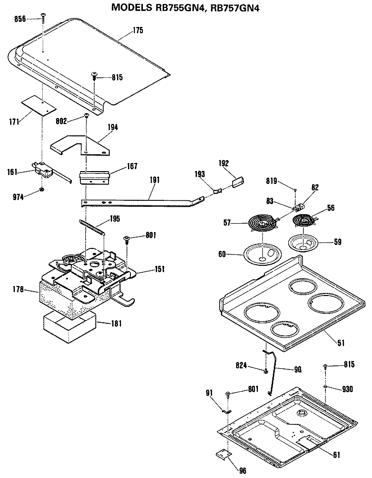 Section Diagram and Parts List for RB755GN4WH  Hotpoint Range
