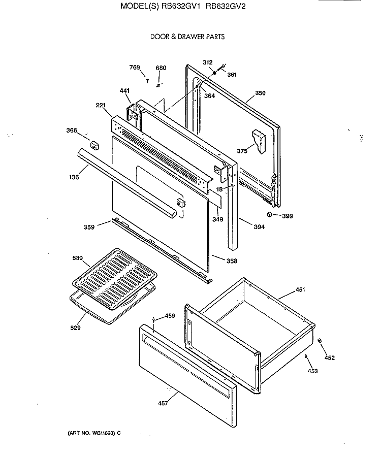 DOOR & DRAWER PARTS Diagram and Parts List for RB632GV2  Hotpoint Range