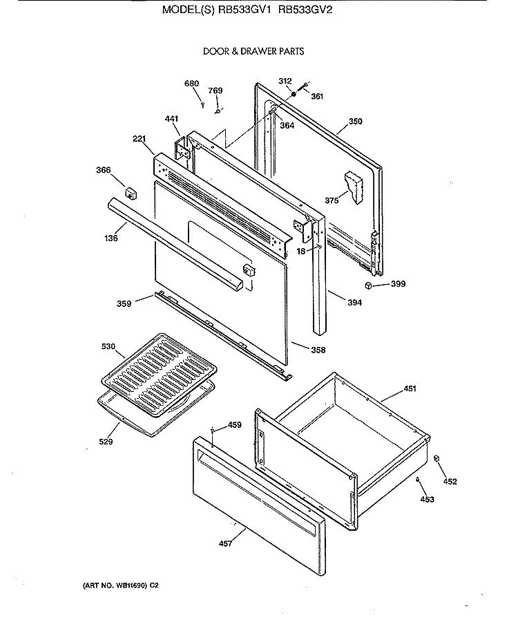 DOOR & DRAWER PARTS Diagram and Parts List for RB533GV1  Hotpoint Range