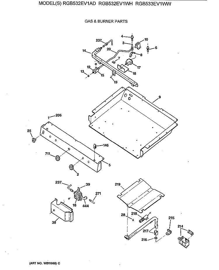 GAS & BURNER PARTS Diagram and Parts List for RGB532EV1WH  Hotpoint Range