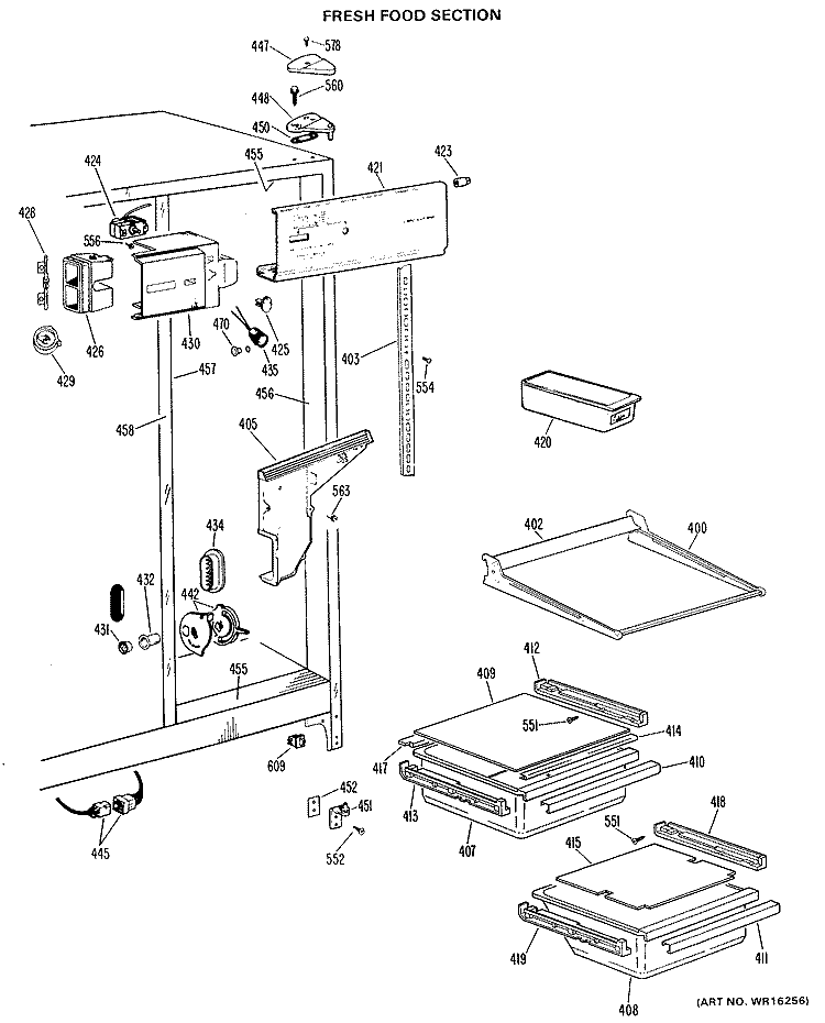 FRESH FOOD SECTION Diagram and Parts List for TFX20RHB  General Electric Refrigerator